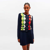 GANNI A1070055 Cashmere Wool Mix Argyle Cardigan - Sky Captain