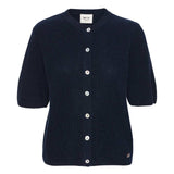 Strikket blå cardigan med korte ærmer og hvide knapper