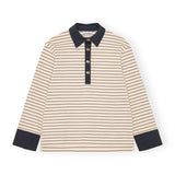 Råhvid stribet polo bluse med logo knaper fra Ganni