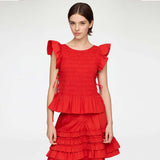 GANNI A1040422 Stretch Cotton Angel Sleeve Smocked Top - Goji Berry