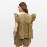 GANNI W0588 Washed stretch cotton frill sleeve top - boa