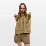 GANNI W0588 Washed stretch cotton frill sleeve top - boa