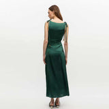 GANNI W0739 Solid stretch satin gathered long kjole - pine needle