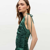 GANNI W0739 Solid stretch satin gathered long kjole - pine needle