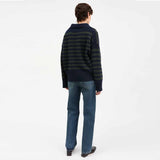 SKALL STUDIO Dean V-neck jumper - Navy/Dark green stripe