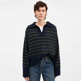 SKALL STUDIO Dean V-neck jumper - Navy/Dark green stripe