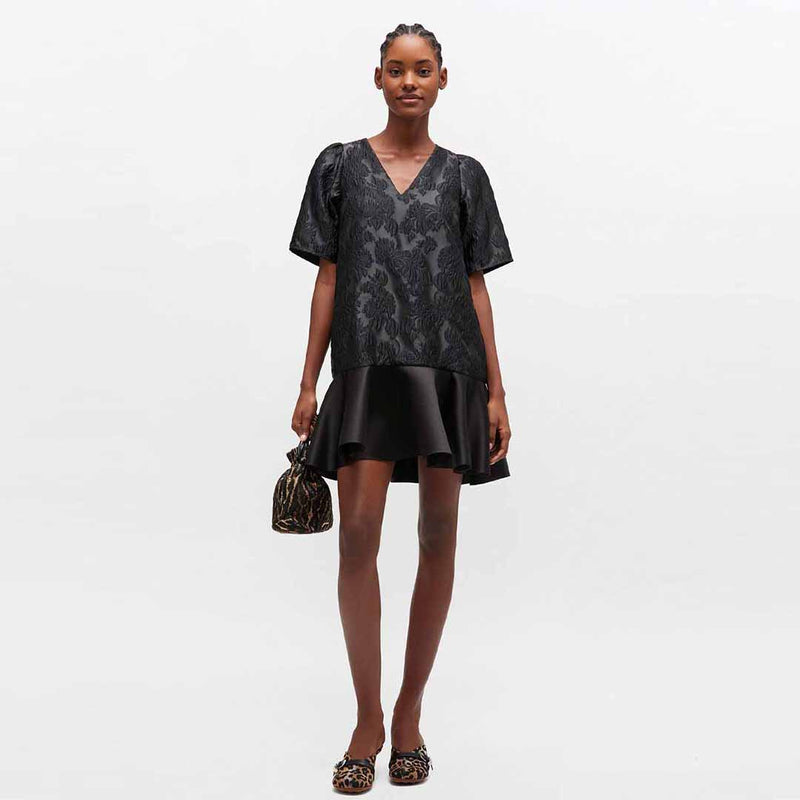 GANNI A1030105 Satin Cloque Mini V-neck kjole - sort