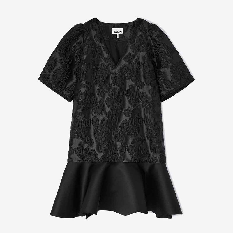 GANNI A1030105 Satin Cloque Mini V-neck kjole - sort
