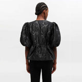 GANNI A1040079 Satin Cloque Peplum Blouse - sort