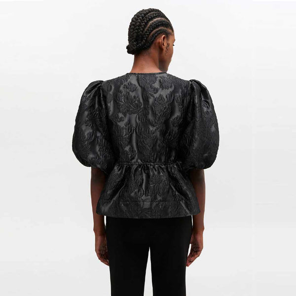 GANNI A1040079 Satin Cloque Peplum Blouse - sort