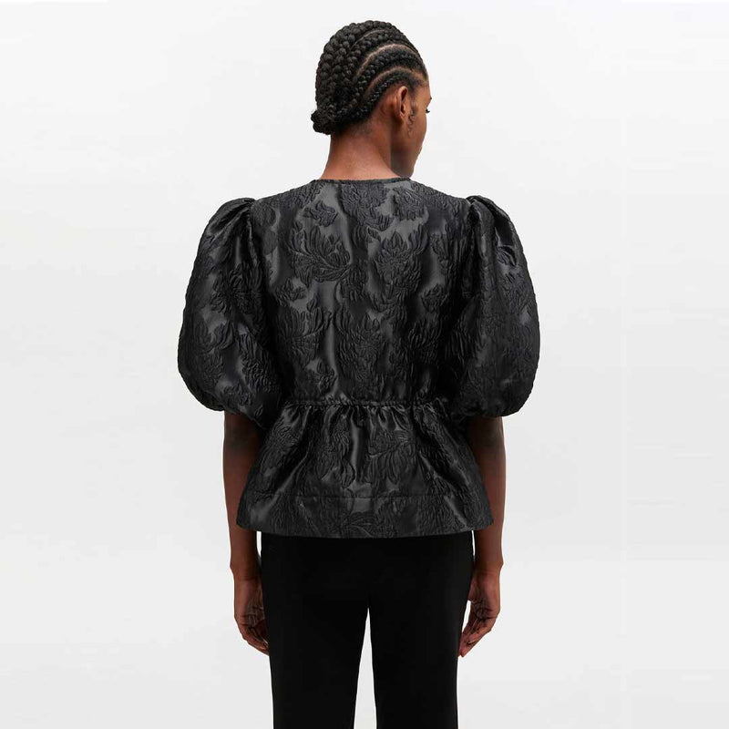 GANNI A1040079 Satin Cloque Peplum Blouse - sort