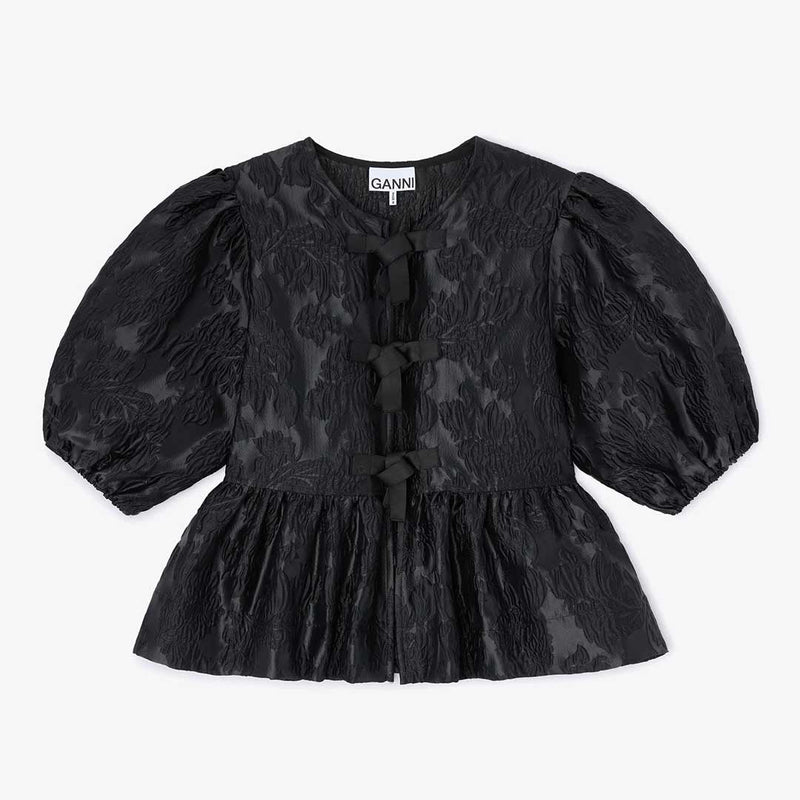 GANNI A1040079 Satin Cloque Peplum Blouse - sort