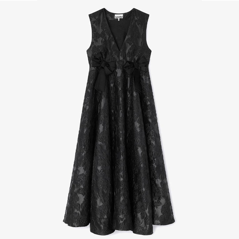 GANNI A1030151 Satin Cloque V-neck Long kjole - sort