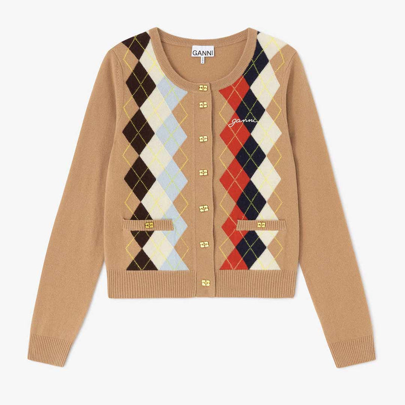 GANNI A1070055 Cashmere Wool Mix Argyle Cardigan - Incense