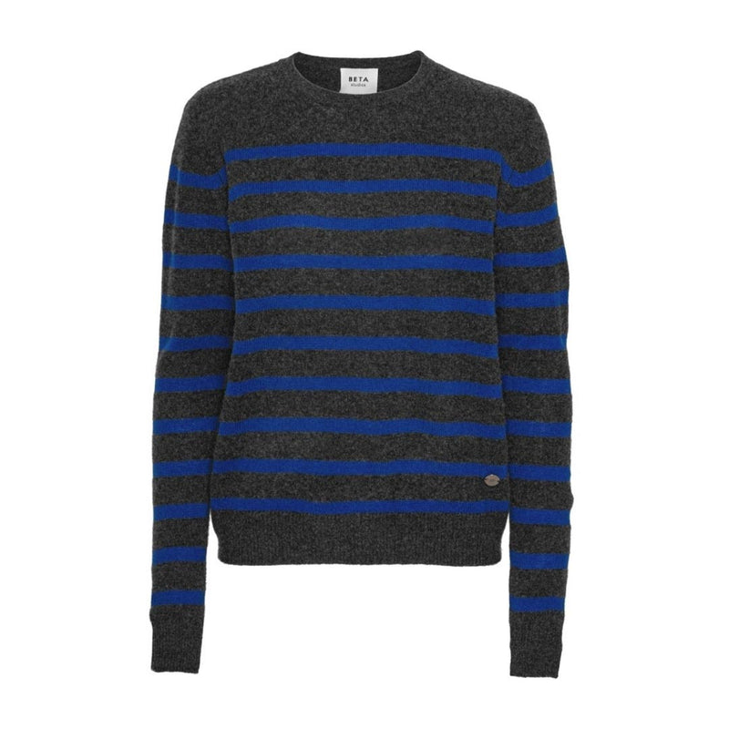 BETA STUDIOS Bibi striped O-neck strik - anthracit grå/azur blå