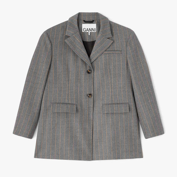 GANNI A1020040 Wool Stripe Blazer - Pewter Melange