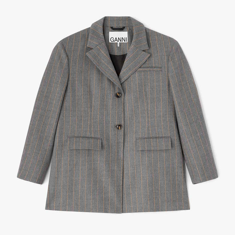 GANNI A1020040 Wool Stripe Blazer - Pewter Melange