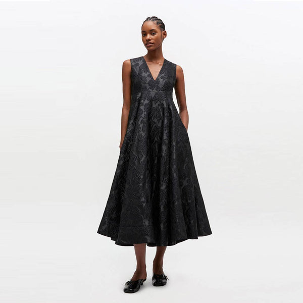 GANNI A1030151 Satin Cloque V-neck Long kjole - sort