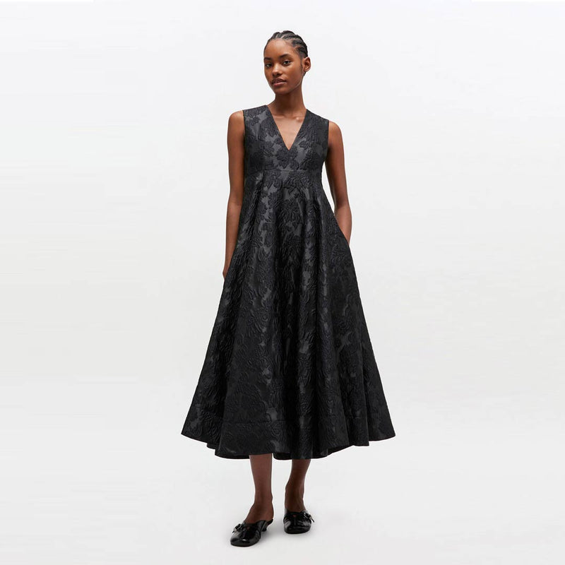 GANNI A1030151 Satin Cloque V-neck Long kjole - sort