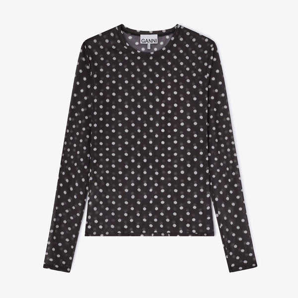 GANNI A1040076 Printed Sheer Jersey Longsleeve mesh bluse - sort