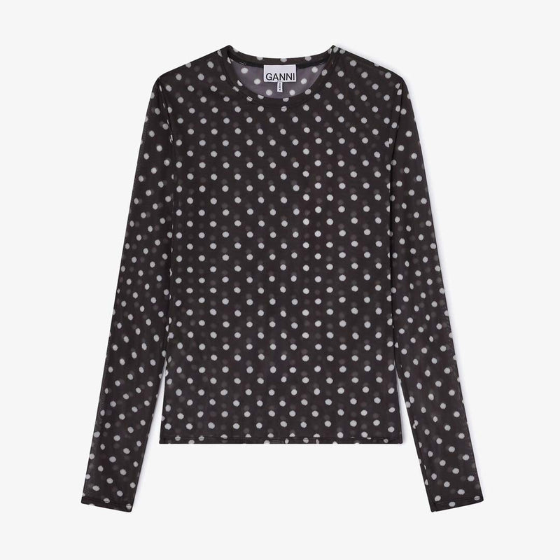 GANNI A1040076 Printed Sheer Jersey Longsleeve mesh bluse - sort