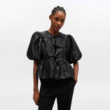 GANNI A1040079 Satin Cloque Peplum Blouse - sort
