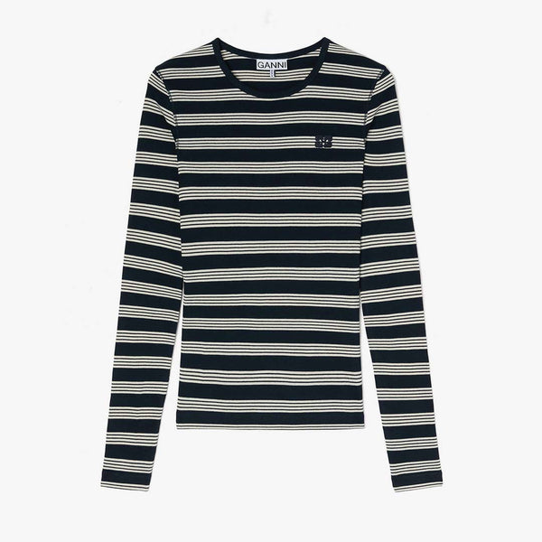 GANNI A1050066 Soft Cotton Stripe Rib Longsleeve - Sky Captain