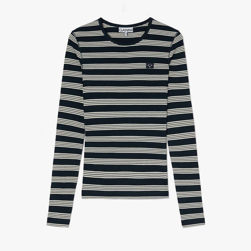 GANNI A1050066 Soft Cotton Stripe Rib Longsleeve - Sky Captain