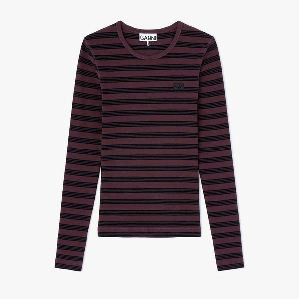 GANNI A1050066 Soft Cotton Stripe Rib Longsleeve - Chocolate Plum