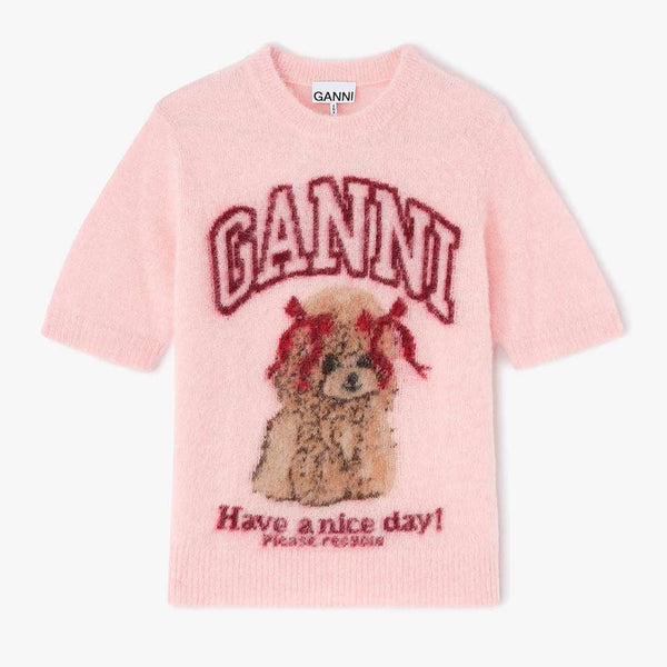 GANNI A1070093 Brushed Alpaca Graphic T Shirt strik - Chalk Pink