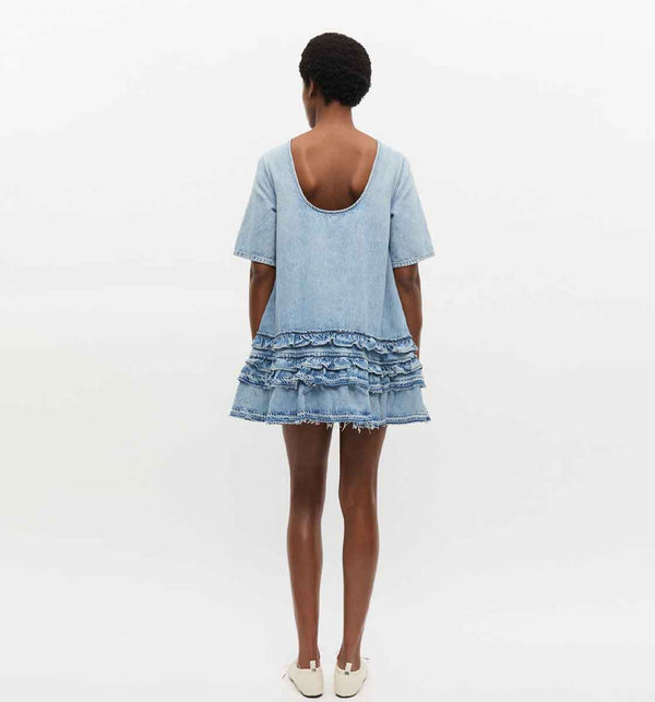 pige i blå denim midi kjole købt i HAUSFRAU