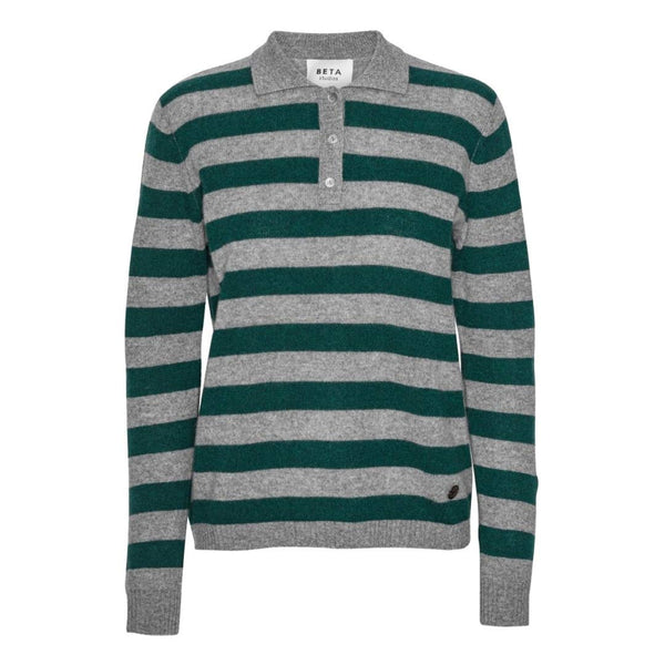 BETA STUDIOS Lizzie cashmere Polo strik - Grå/ Botanical grøn striber