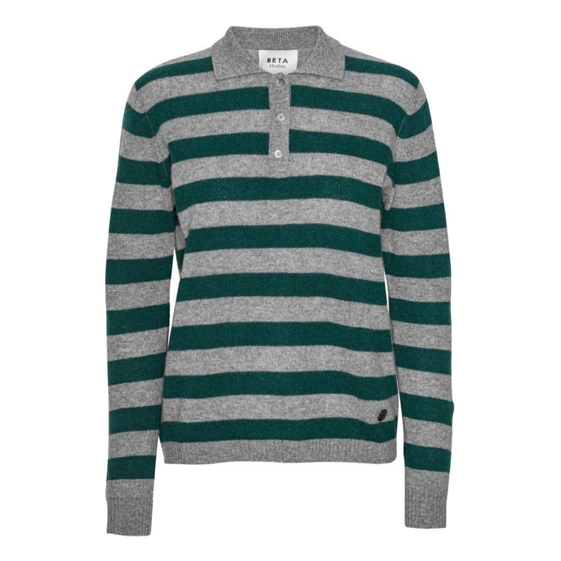 BETA STUDIOS Lizzie cashmere Polo strik - Grå/ Botanical grøn striber