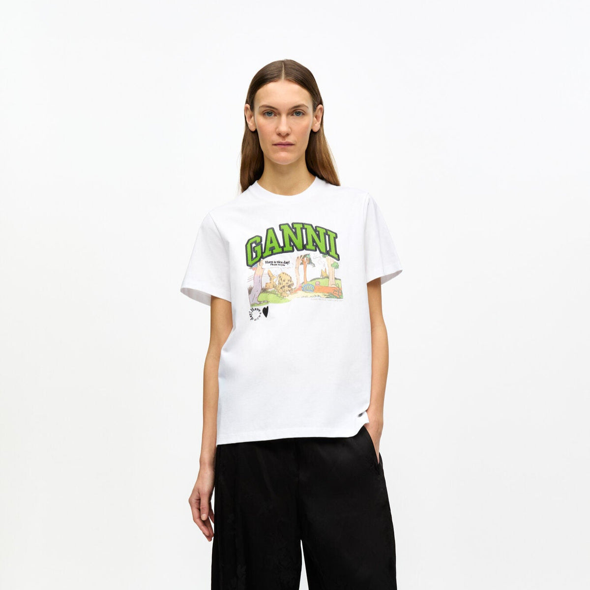 Tシャツ・カットソー Ganni Basic Jersey Poppy C Relaxed Fit Short Sleeve T-Shirt Bright White White Basic Jersey Poppy Relaxed T-shirt | GANNI US