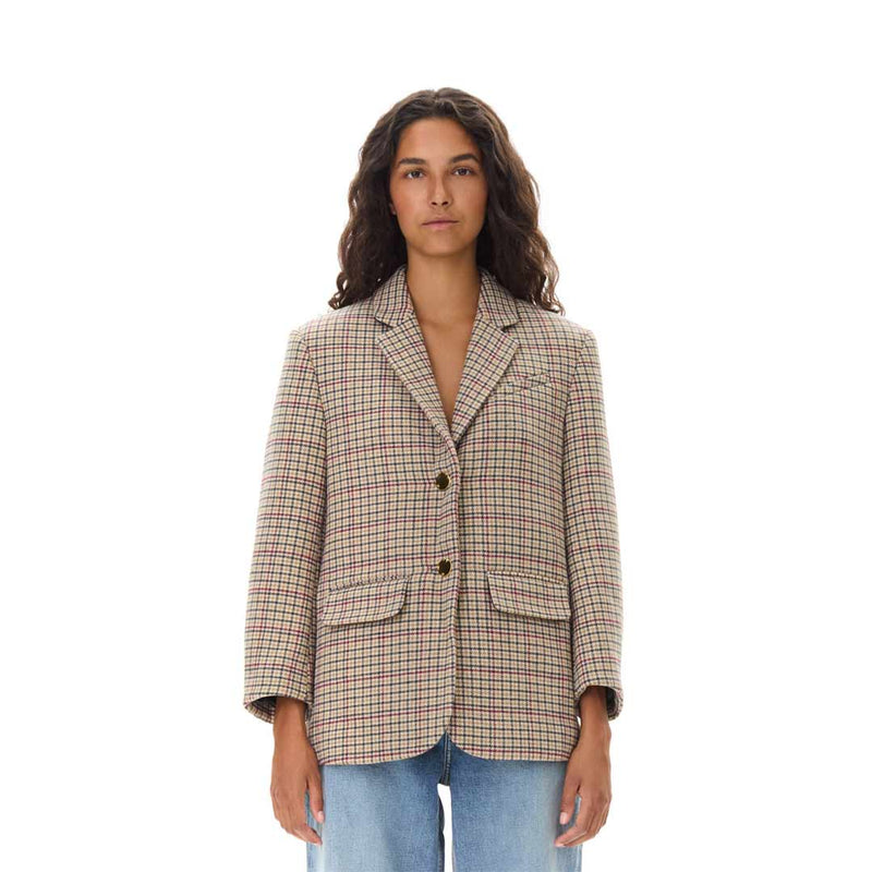 GANNI F9590 Check Wool Mix Boxy Blazer - tiger's eye