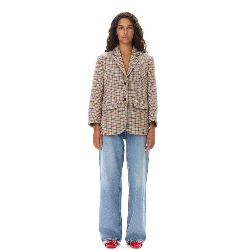 GANNI F9590 Check Wool Mix Boxy Blazer - tiger's eye