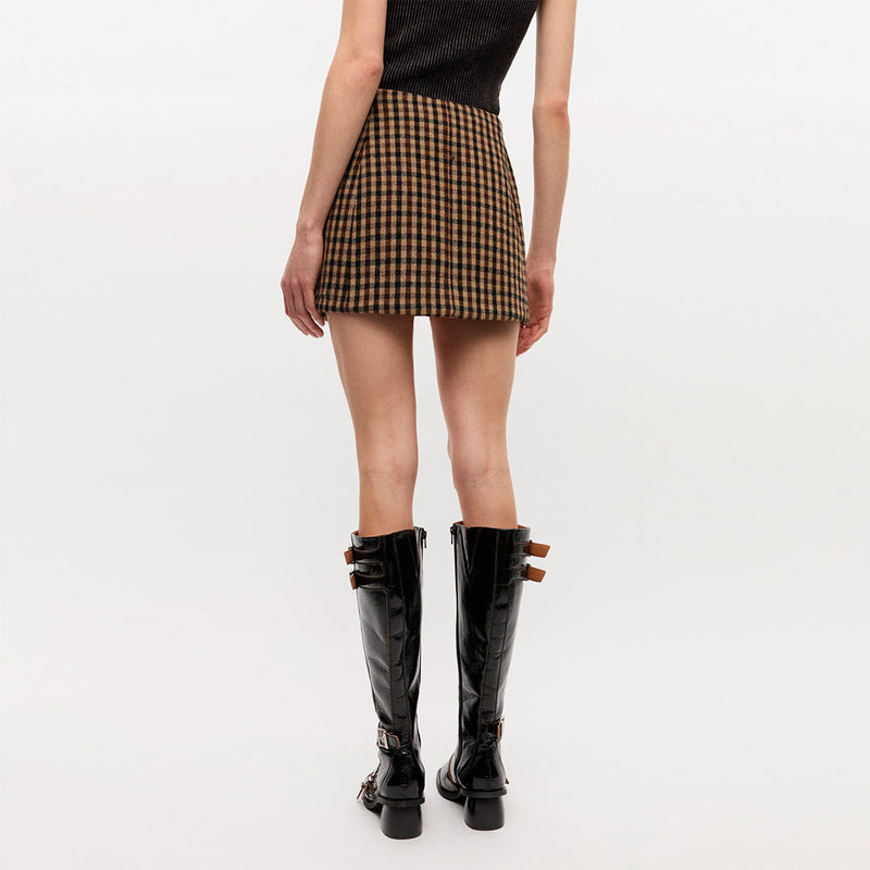 GANNI W0655 Check wool mix skirt - chicory coffee