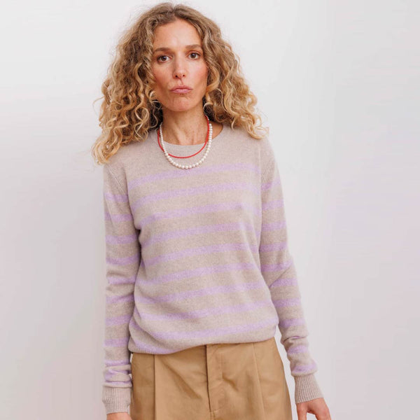 BETA STUDIOS Bibi striped O-neck cashmere strik - sand melange/orchid bloom lilla