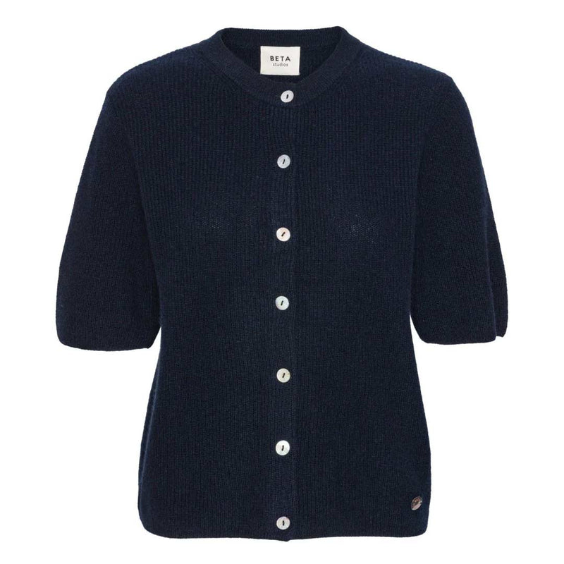 Strikket blå cardigan med korte ærmer og hvide knapper