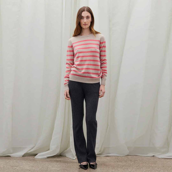 BETA STUDIOS Bibi striped O-neck strik - sand/pink