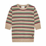 BETA STUDIOS Mini Stripes Lady Sleeve cashmere strik - Sand/Pomegranat/Fir Green
