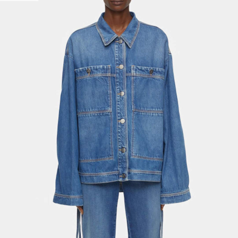 CLOSED Denim skjorte jakke med sidelong bånd - mid blue