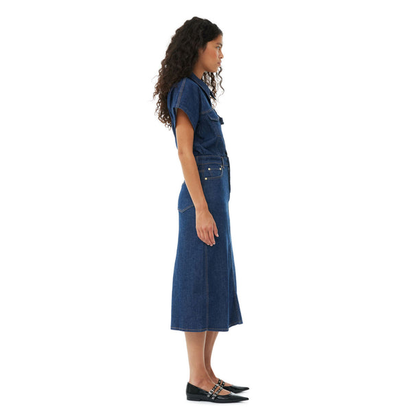 GANNI J1439 Denim Rose midi kjole - rinse blå
