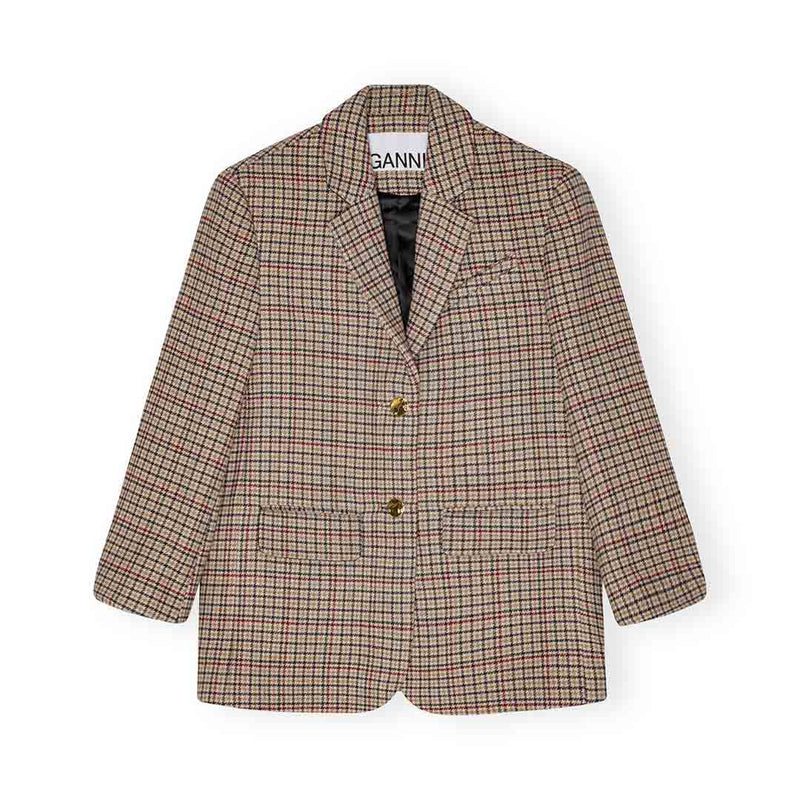 GANNI F9590 Check Wool Mix Boxy Blazer - tiger's eye