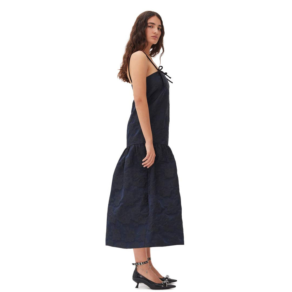 ★Ganni★ Botanical Jacquard Strap Midi One Piece Peacoat F9 Peacoat Navy Blue Botanical Jacquard Strap Midi Dress | GANNI US