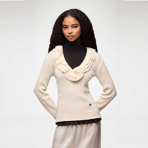 GANNI A1040528 Ribbed Merino Frill Top - Egret