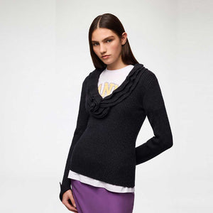 GANNI A1040528 Ribbed Merino Frill Top - Phantom