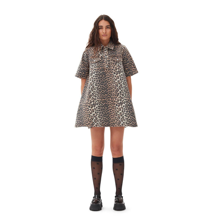 GANNI J1528 Print Denim Mini kjole - leopard