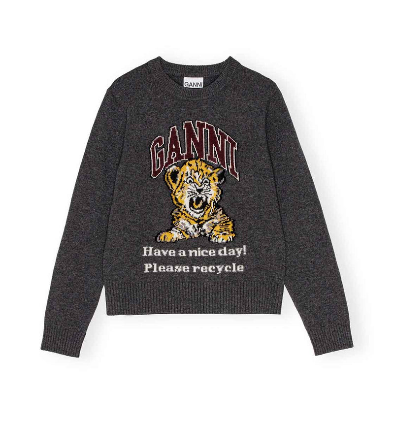 GANNI K2278 Graphic Wool Mix Tiger Crewneck strik - grå