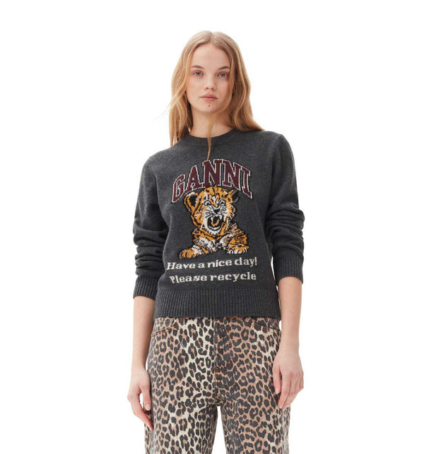 GANNI K2278 Graphic Wool Mix Tiger Crewneck strik - grå